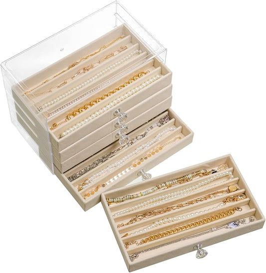 SPAKOWN Necklace Organizer Box, Velvet Necklace Box Holder Tray with Clear Lid Chains Showcase Stackable Necklace Storage for Pendant Bracelet (5 Drawers - Beige)