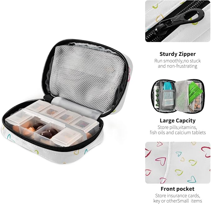 White Hearts Travel Pill Organizer Weekly Small Cute Pill Box 7 Day Pill Case Vitamin Holder Pill Bottle Organizer Vitamin