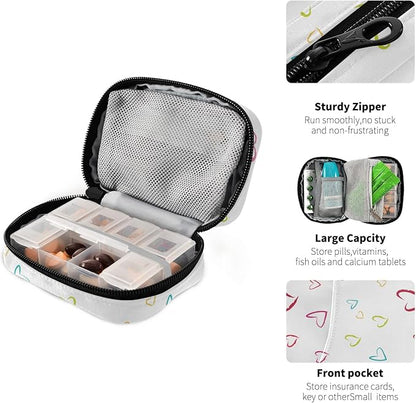 White Hearts Travel Pill Organizer Weekly Small Cute Pill Box 7 Day Pill Case Vitamin Holder Pill Bottle Organizer Vitamin
