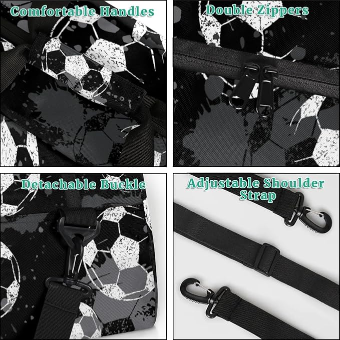 Black Football Kids Duffel Bag for Boys, Soccer Sports Gym Bag Overnight Travel Weekender Bag Lightweight Carry On Sleepovers Bag for School Practice Gymnastics