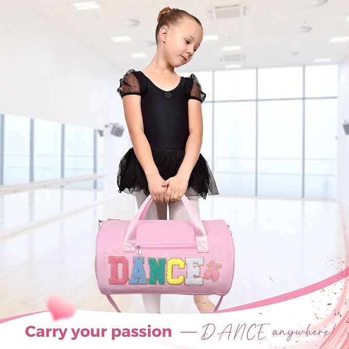 Dance Bag for Girls, KUIRAN 23L Waterproof Travel Duffel Bag with Colorful Chenille Letter, Lightweight Small Gym Sport Ballet Bag with Large Main Compartment 15"Lx9"Wx9"H - Light Pink