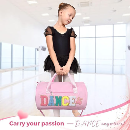 Dance Bag for Girls, KUIRAN 23L Waterproof Travel Duffel Bag with Colorful Chenille Letter, Lightweight Small Gym Sport Ballet Bag with Large Main Compartment 15"Lx9"Wx9"H - Light Pink