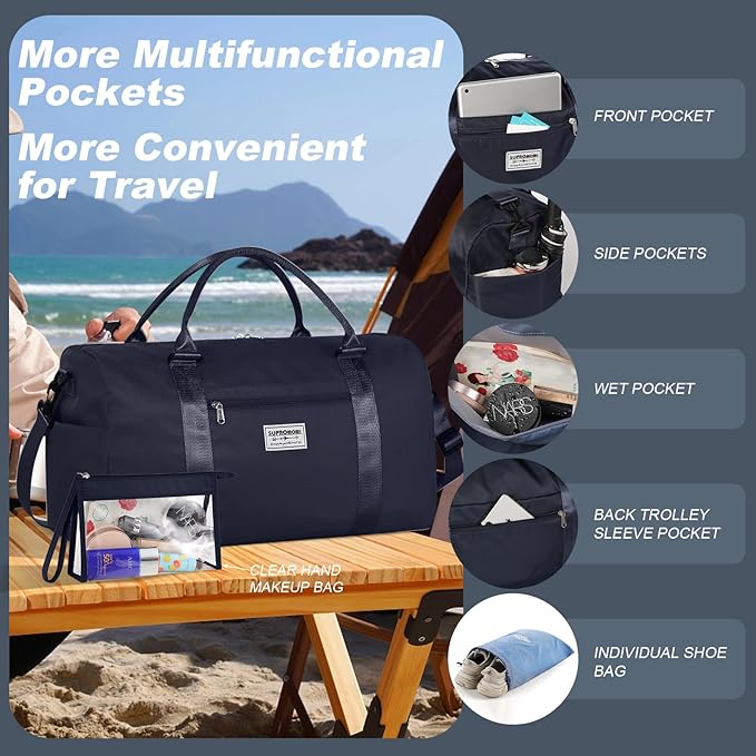 Large Travel Duffel Bag, Sports Tote Gym Yoga Airplane Carry-on With Extra Shoe and Small Clear Makeup Bag, Overnight Crossbody for Men and Women Navyblue