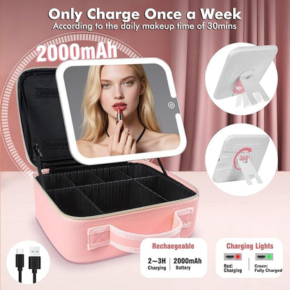 Travel Makeup Bag with Removable Mirror and Light, LED Lighted Make up Train Case, Cosmetic Organizer with PU Leather, 3 Colors Dimming Light, Adjustable Dividers & Brush Storage Board, Gift for Women