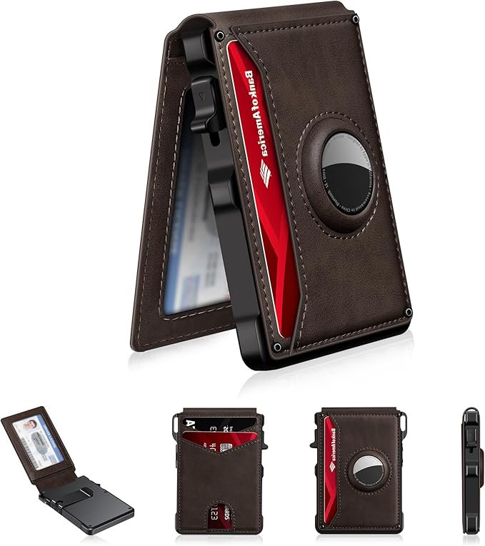Airtag Wallet for Men, Mens Smart Wallet for Air Tag RFID Blocking, Minimalist Bifold Pop Up Aluminum Credit Card Case Holder 12+ Cards with ID Window, Gift for Men, No Airtag Included, Coffee Brown