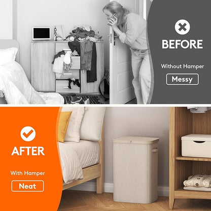 Lifewit 85L Laundry Basket with Lid, Large Laundry Hamper with Plastic Handles and Removable Bag, Foldable Tall Dirty Clothes Hampers for Laundry for Laundry Room, Bedroom, Bathroom, Dorm, Beige