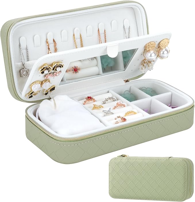 DesignSter Jewelry Organizer, Small Portable Travel Jewelry Storage for Women, Woven Embossed PU Jewelry Case with Mirror for Ring Earring Necklace Bracelet