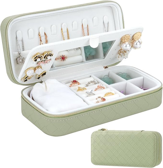 DesignSter Jewelry Organizer, Small Portable Travel Jewelry Storage for Women, Woven Embossed PU Jewelry Case with Mirror for Ring Earring Necklace Bracelet