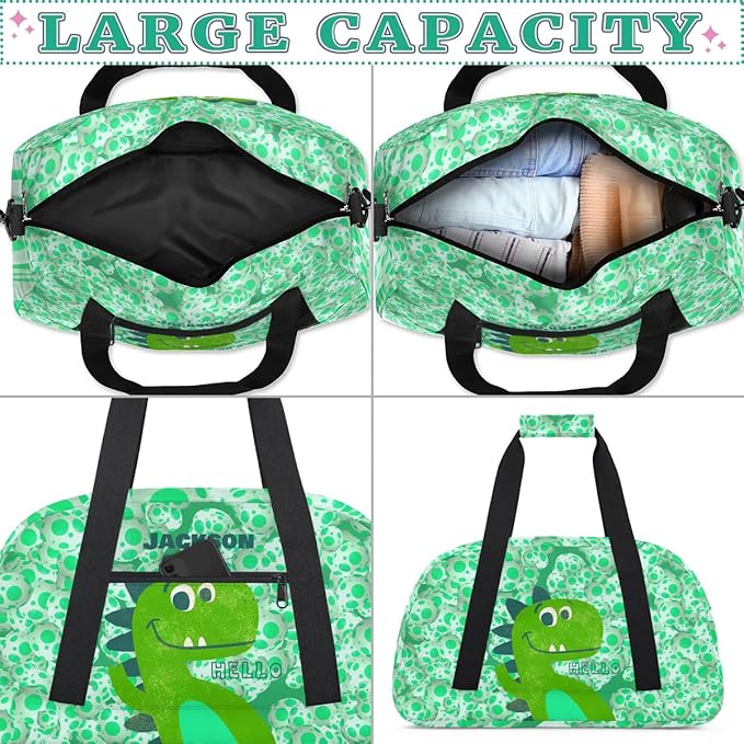 Personalized Duffel Bag for Kids Girls Boys, Dinosaur Custom Name Gym Bag Overnight with Padded Handles Carry On Weekend Sports Travel Bag for School Practice Gymnastics Ballet