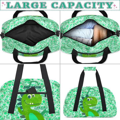 Personalized Duffel Bag for Kids Girls Boys, Dinosaur Custom Name Gym Bag Overnight with Padded Handles Carry On Weekend Sports Travel Bag for School Practice Gymnastics Ballet
