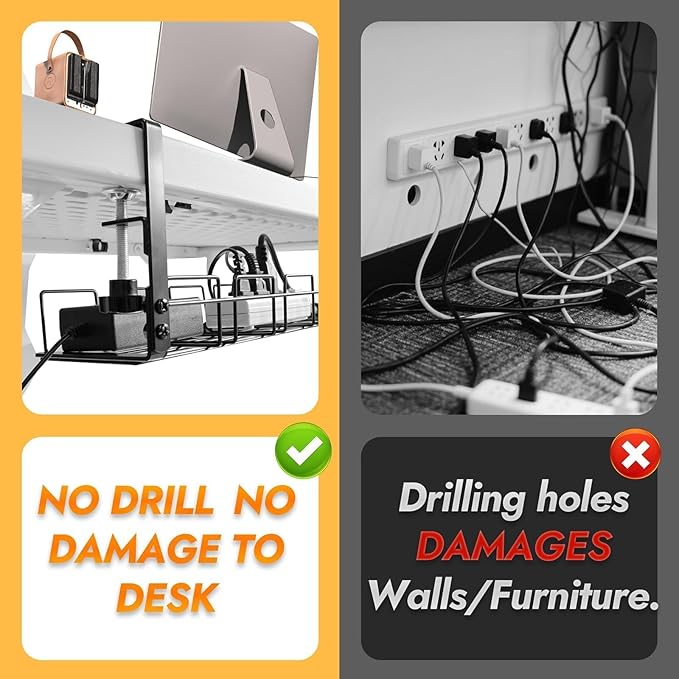 Under Desk Cable Management Tray No Drill - 15.7'' Long 5.1'' Wide Workspace Organizers, Steel Cord Organizers, 4 Cable Holder, 12 Roll Cable Organizer Straps, No Drill, No Damage to Desk(Black)