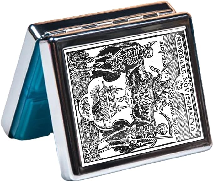 7 Days Chromed Shiny Silver Pill Organizer with Mirror Inside Has 8 Separate Compartments Rectangle,Versatile Storage for Medication - Ideal Travel Accessory (Two Skeletons)