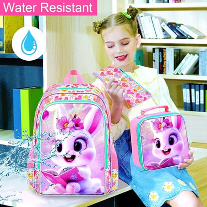 WZLVO 3PCS Rabbit Bookbag for Girls, 16" Glittery UV Printing Kids Backpack/School Bag with Lunch Box & Pencil Bag for Preschool to Elementary - Reading Rabbit Pink