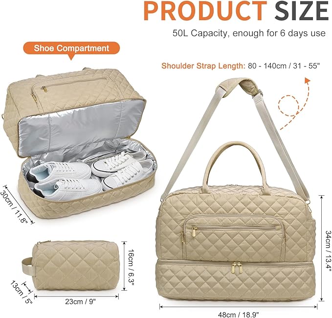 50L Large Travel Duffle Bag for Women, Weekender Overnight Bag W/Shoe Compartment+Wet Pocket+Toiletry Bag TSA Approved, Khaki