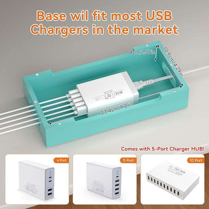 Pezin & Hulin Bamboo Charging Station with Watch Stand, Docking Holder for Multi Device with 5 Port USB Charger HUB, 5 Charge Cables, Desktop Electronic Organizer for Cellphone, Tablet, Watch-Teal