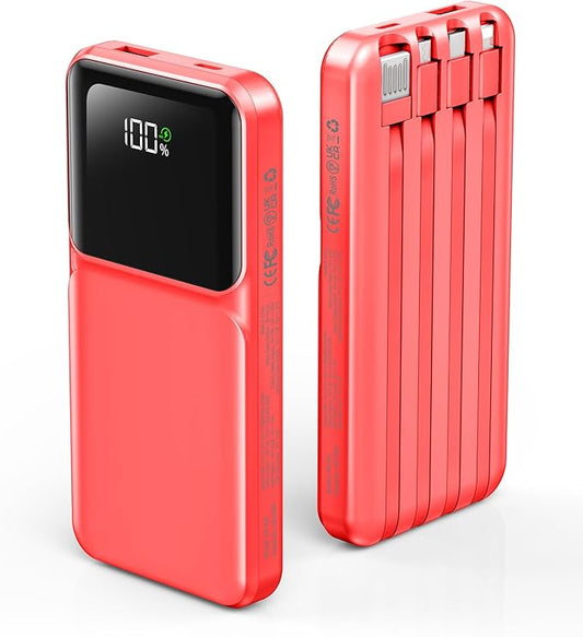 Portable Charger with Built in Cable - 22.5W Power Bank Fast Charging USB C 10000mAh LED Display Travel Battery Pack 5 Outputs & 3 Inputs for iPhone Samsung Android iPad Phones Tablets etc