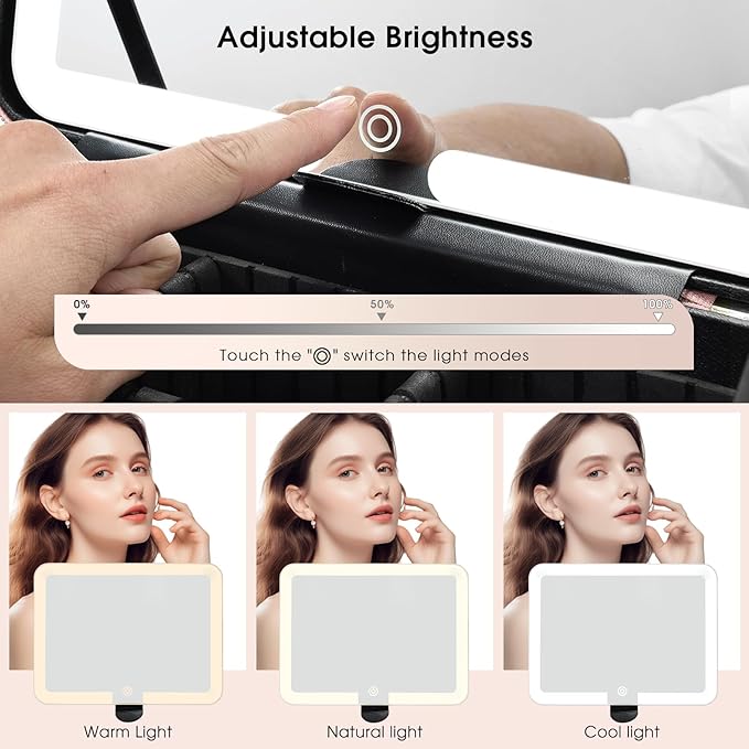 Leather Makeup Case with LED Lighted Mirror 11.4 Inch Travel Makeup Bag Adjustable Brightness in 3 Colors Cosmetic Organizer Artist Storage Bag with Dividers Brush Holder Bag Vanity Champagne Gold