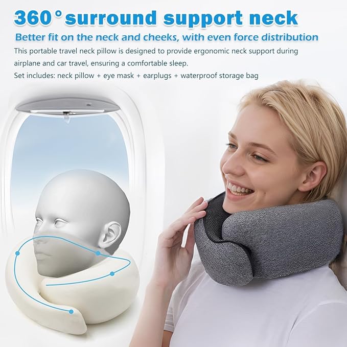 Travel Neck Pillow for Airplane, Memory Foam Travel Neck Pillow, Adults turtle neck pillow Ergonomic Support for Airplane Car Home Office Sleep, Packable Compact Portable Adults Turtle Pillows (Grey)