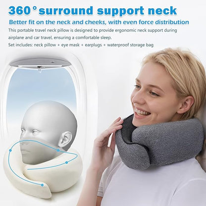 Travel Neck Pillow for Airplane, Memory Foam Travel Neck Pillow, Adults turtle neck pillow Ergonomic Support for Airplane Car Home Office Sleep, Packable Compact Portable Adults Turtle Pillows (Grey)