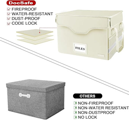 DocSafe Fireproof Document Box with Lock,File Storage Organizer with Zipper Pockets,Collapsible Portable File Box Home Office Safe Filing Cabinet with Handle for Hanging Letter/Legal Folders,Beige