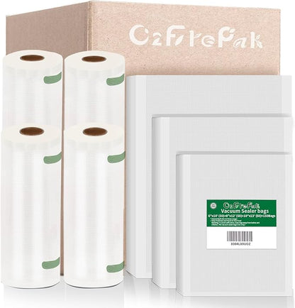O2frepak Multi-Size 50x 6''x10'',50x 8''x12'',50 X10'' X13''and 2 Rolls11''x20',2 Rolls 8''x20' BPA Free Sous Vide Seal a Meal Commercial Grade Vacuum Seal PreCut Combo Pack Bags Rolls