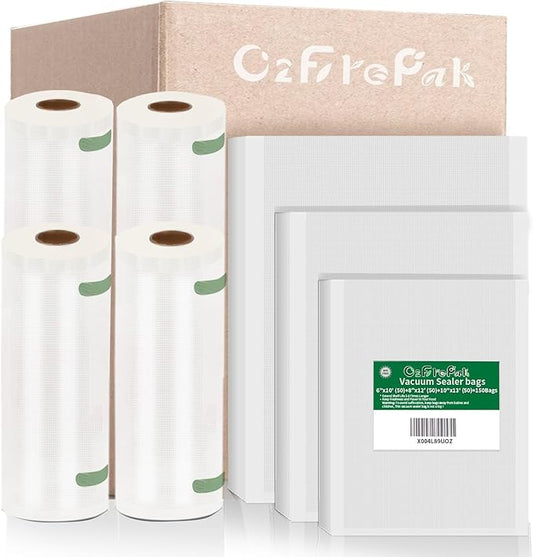 O2frepak Multi-Size 50x 6''x10'',50x 8''x12'',50 X10'' X13''and 2 Rolls11''x20',2 Rolls 8''x20' BPA Free Sous Vide Seal a Meal Commercial Grade Vacuum Seal PreCut Combo Pack Bags Rolls