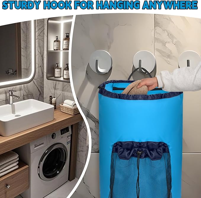 Laundry Bag Backpack with Shoulder Straps and Mesh Pocket Foldable Clothes Hamper Bag with Drawstring Closure for College, Apartment, Laundromat (Blue)