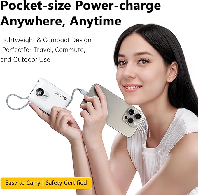 W&P Portable Charger for iPhone, 35W Fast Charging 10000mAh Portable Power Bank with Built-in USB-C & Lightning Cables, Compact Travel Battery Pack for iPhone 15/14/13, Android, iPad, MacBook