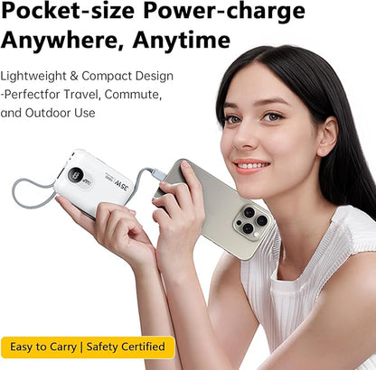 W&P Portable Charger for iPhone, 35W Fast Charging 10000mAh Portable Power Bank with Built-in USB-C & Lightning Cables, Compact Travel Battery Pack for iPhone 15/14/13, Android, iPad, MacBook