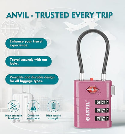 ANVIL TSA Approved Luggage Locks – High Security TSA008 Combination Travel Locks with Inspection Indicator for Suitcases and Backpacks. (2, Rose Purple)