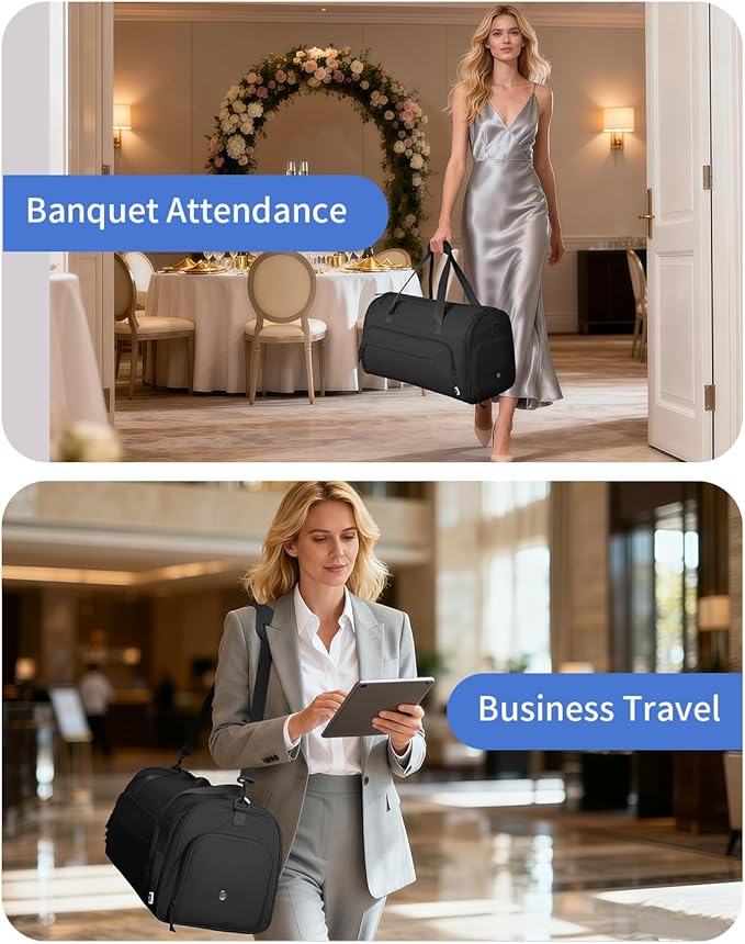 WANDF Convertible Garment Bags for Travel with Wet Pocket Carry on Garment Duffle Bag 2 in 1 Puffy Hanging Clothes Travel Bags with Shoe Compartment for Airplanes Business Weekend Gym Wedding (Black)