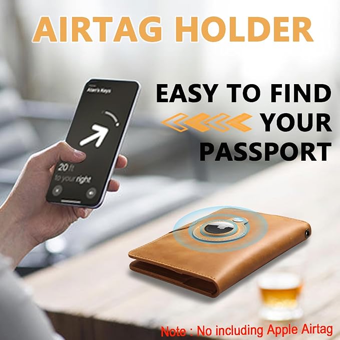 Leather Passport Holder for Travel Women Man, Button Closure Passport Wallet with Airtag Slot,Passport Cover for A Passport Book,Trvavel Essential & Gift