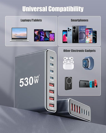 530W USB C Charger Block,8-Port USB C Charging Station GaN IV Travel Essentials Multiple Port Charging Station,100W Laptop Fast Charger Adapter for MacBook Pro/Air,DELL,iPad,iPhone,Samsung Galaxy