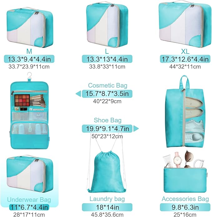 8 Set Packing Cubes for Travel, Gifts for Women Mom,Anti-Tearing Suitcase Organizer for Luggage with Shoe & Hanging Toiletry Bag,OlarHike Vacation Essentials & Accessories for Cruise Ship,Teal