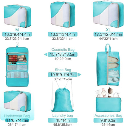 8 Set Packing Cubes for Travel, Gifts for Women Mom,Anti-Tearing Suitcase Organizer for Luggage with Shoe & Hanging Toiletry Bag,OlarHike Vacation Essentials & Accessories for Cruise Ship,Teal