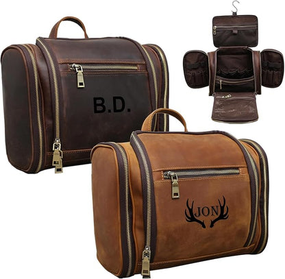 Personalized Leather Toiletry Bag for Men,Genuine Leather Toiletries Organizer,Travel Hanging Toiletry Bag Large Bathroom Shaving Kit Gifts for Dad,Husband,Boyfriend,Groomsmen,Golf,Birthday,Christmas