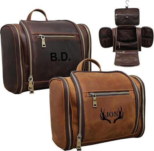 Personalized Leather Toiletry Bag for Men,Genuine Leather Toiletries Organizer,Travel Hanging Toiletry Bag Large Bathroom Shaving Kit Gifts for Dad,Husband,Boyfriend,Groomsmen,Golf,Birthday,Christmas
