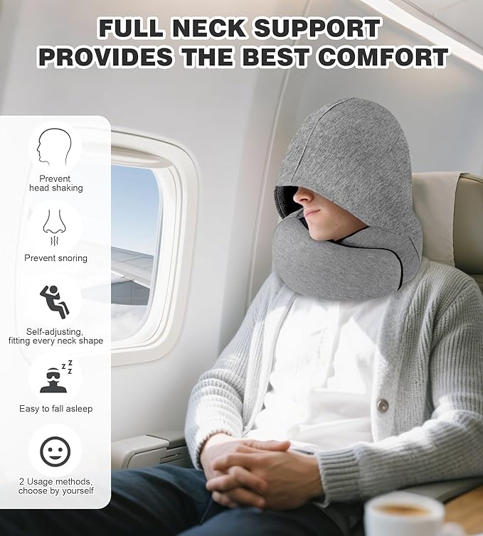 Travel Neck Pillow, Newly Upgraded Hooded Neck Pillow , 100% Pure Memory Foam Travel Pillow for Flight Headrest Sleep,Windproof and heat preservation,Suitable for use in Outdoor/Plane/Car/Office