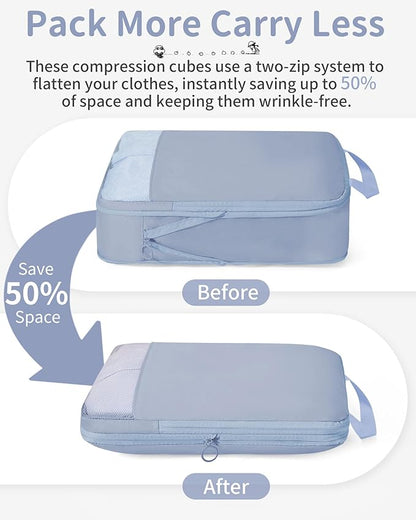 Compression Packing Cubes - 11 Set Suitcase Organizers, Expandable Luggage Bags with Blue Travel Essentials