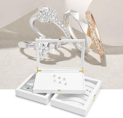 Oirlv White Jewelry Organizer Tray with Acrylic Lid Premium Leather Jewelry Box with Transparent Lid Drawer Insert Big Necklace Display Case(Flat Tray)