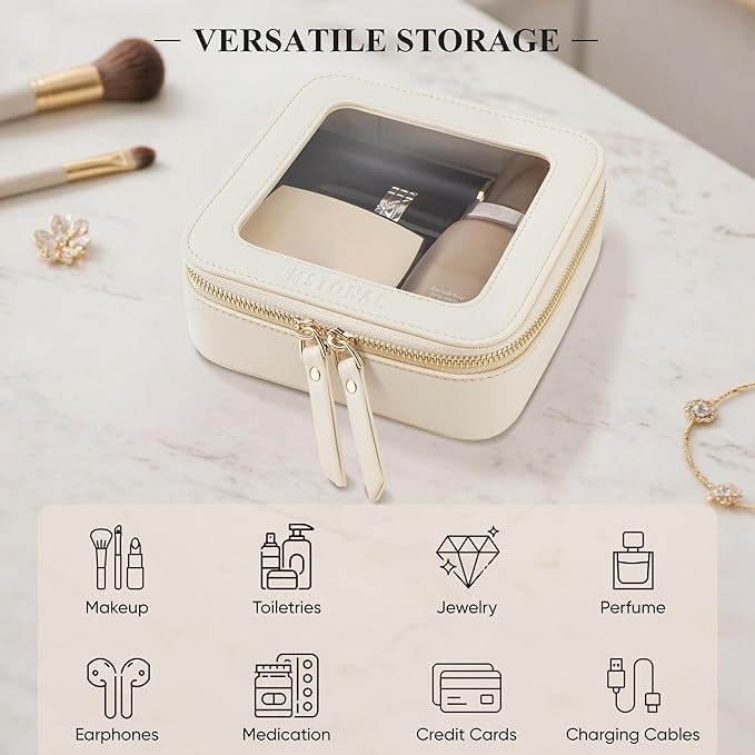Clear Makeup Bag, Travel Toiletry Bag Cosmetic Case for Women, Waterproof Portable Small Make Up Skincare Pouch with Zipper, Compact Car Organizer Bag for Essentials, Mini Size, Beige