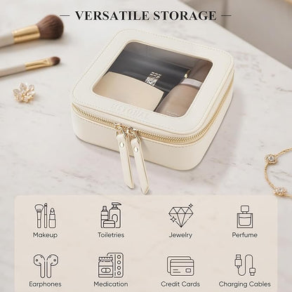 Clear Makeup Bag, Travel Toiletry Bag Cosmetic Case for Women, Waterproof Portable Small Make Up Skincare Pouch with Zipper, Compact Car Organizer Bag for Essentials, Mini Size, Beige