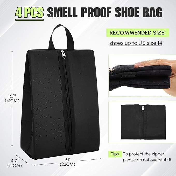 Leinuosen 4 Pack Smell Proof Shoe Cleat Bag for Travel Water Resistant Odor Absorbing Lightweight Golf Soccer Shoe Storage Organizer Pouch with Zipper for Gym Sports Work Men Women (Black)