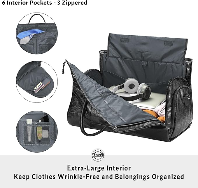 STOVER Garment Travel Duffle Bag, Large 2-in-1 Convertible Carry-on Luggage for Men & Women- Hanging Suits, Dresses & Clothes + Shoe Compartment- Weekender Tote Combo Duffel (Black Leatherette)