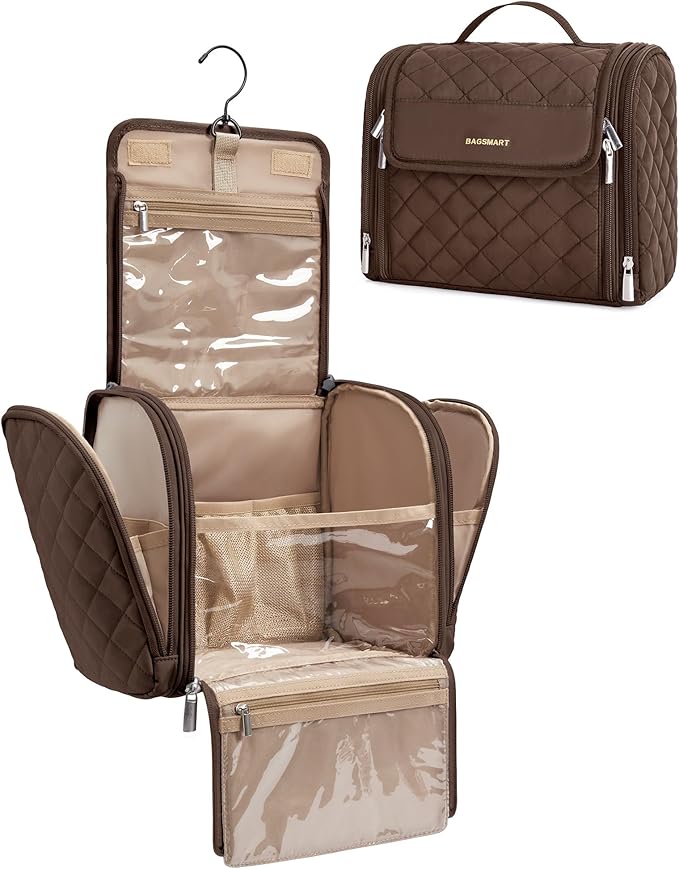 BAGSMART Travel Toiletry Bag, Large Capacity Cosmetic Bags for Women with Hanging Hook, Water-resistant for Toiletries Accessories Brushes Sponge, With Handle