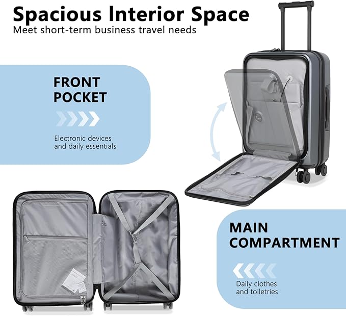 Carry On Luggage with Front Pocket & USB Port, PC Hardside 20 Inch luggage with Spinner Wheels & Built-in TSA Lock, Durable Lightweight Rolling Suitcase, Carry-On 20-Inch, Gray