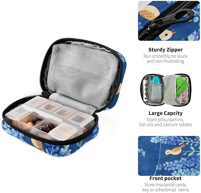 Bluebonnet Flowers and Birds Cute Pill Organizer 7 Day Large Capacity Pill Dispenser Case with 8 Pill Compartments Daily Pill Box Organizer Vitamin Holder Pill Bottle Organizer