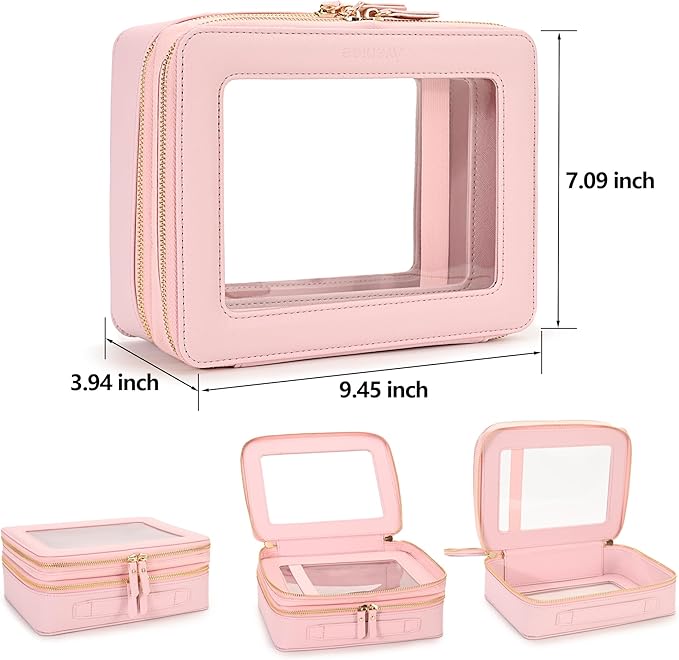 Aveniee XL Clear Makeup Organizer,Double Layer Travel Cosmetic Case with Brush Holder & Zippered Compartments,Big Toiletry Bag for Travel Accessories,2 Layers Large,Pink