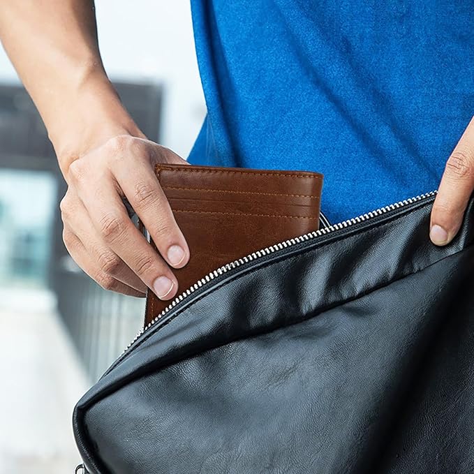 Minimalist Real Leather Wallet for Men with Zipper Card Holder and ID Window RFID Blocking Bifold Wallet (Brown)