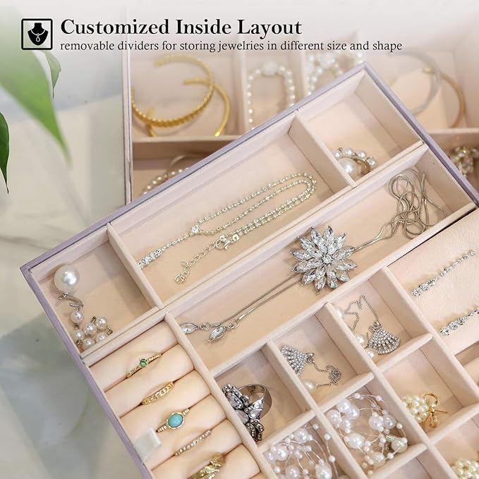 ProCase Jewelry Box for Women, 2 Layers Large Leather Jewelry Organizer Storage Case with Removable Pad for Earrings -Pearlizedsilver